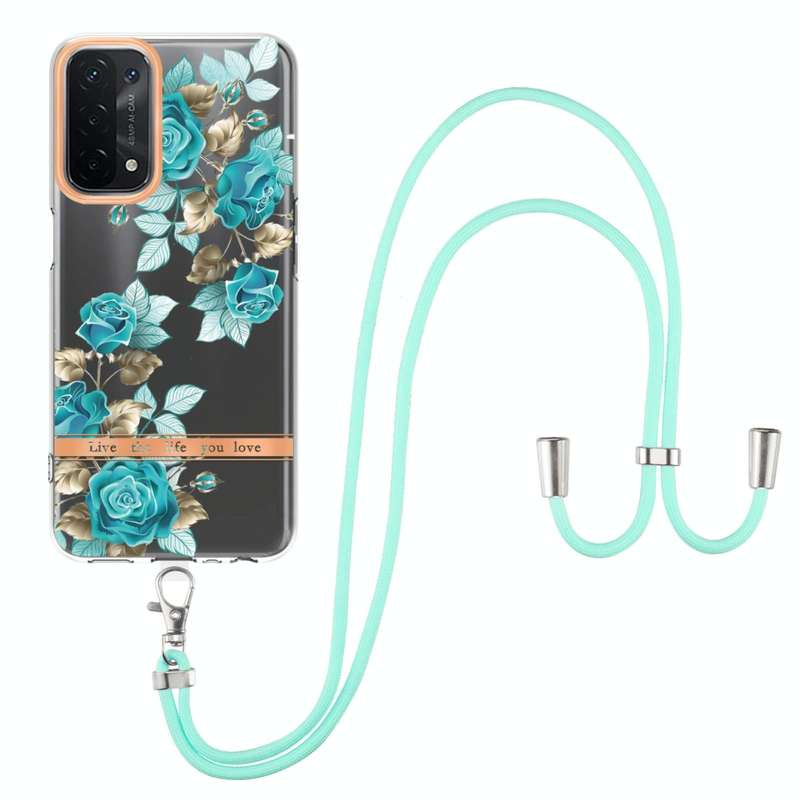 For OPPO A74 5G / A93 5G / A54 5G / A93S 5G Flowers Series TPU Phone Case with Lanyard(Blue Rose)