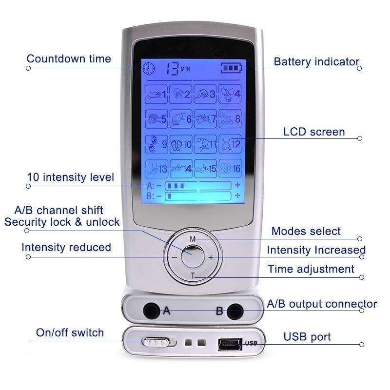 16 Mode Digital Electronic Pulse Massager Muscle Stimulator Pain Relief Machine(Silver)