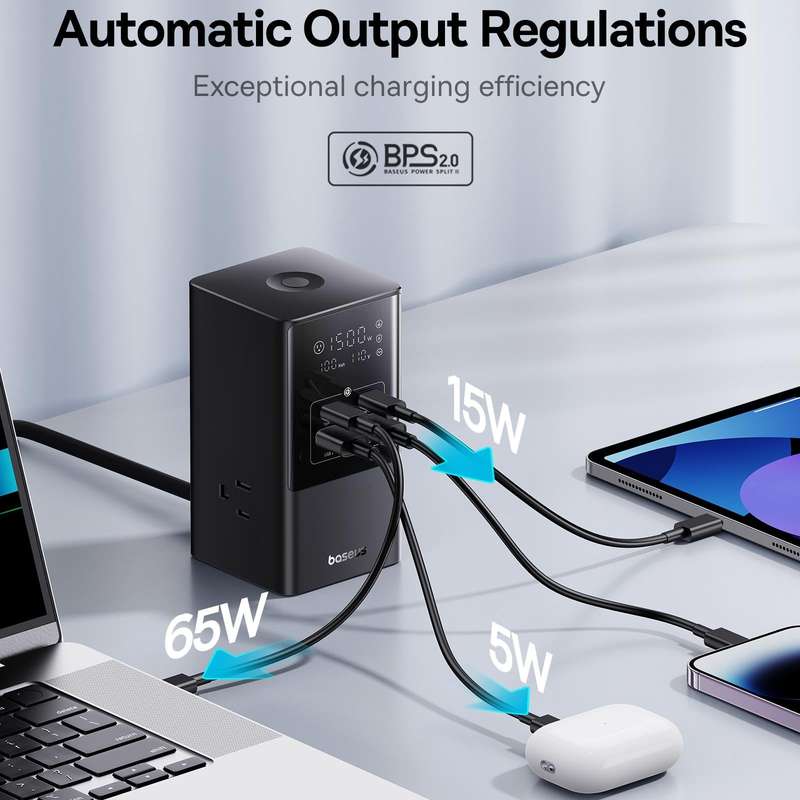 Baseus PowerCombo Tower Power Strip 3xAC+2xType-C+2xUSB 100W with 1.5 Power Cord, JP Plug(Black)