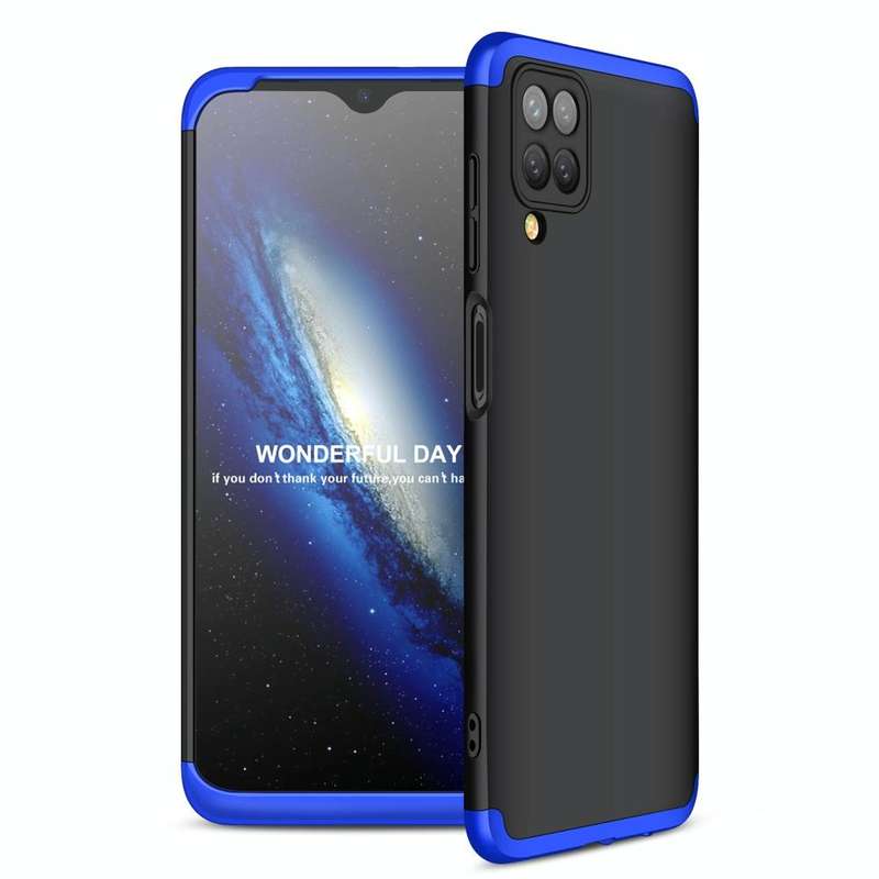 For Samsung Galaxy A12 GKK Three Stage Splicing Full Coverage PC Case(Black+Blue)