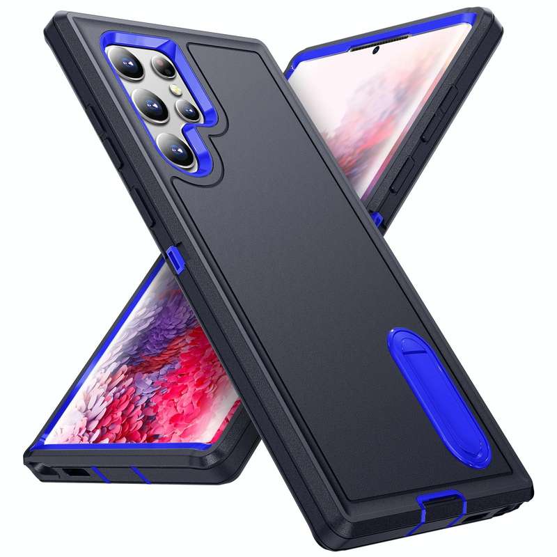 For Samsung Galaxy S23 ultra 5G 3 in 1 Rugged Holder Phone Case(Dark Blue+Sapphire Blue)