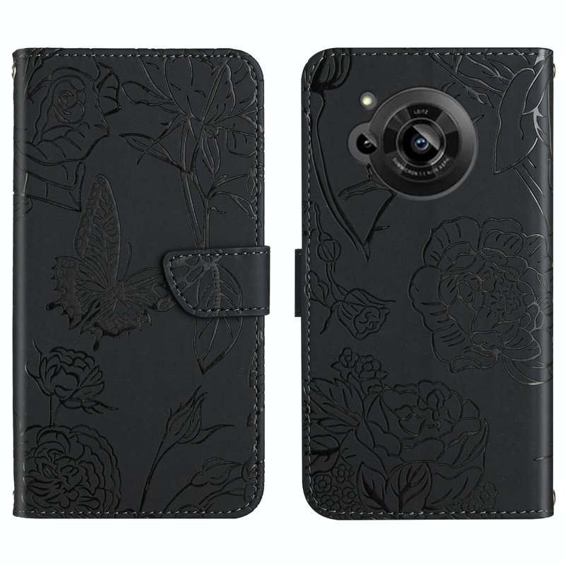 For Sharp Aquos R7 Skin Feel Butterfly Peony Embossed Leather Phone Case(Black)