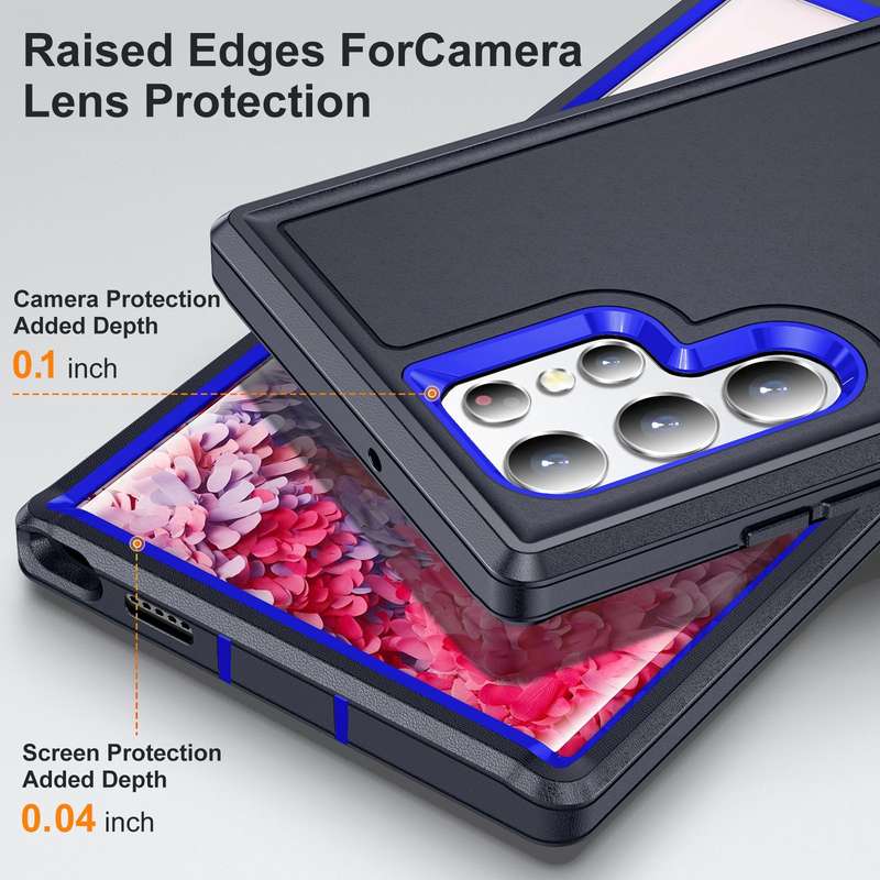 For Samsung Galaxy S23 ultra 5G 3 in 1 Rugged Holder Phone Case(Dark Blue+Sapphire Blue)