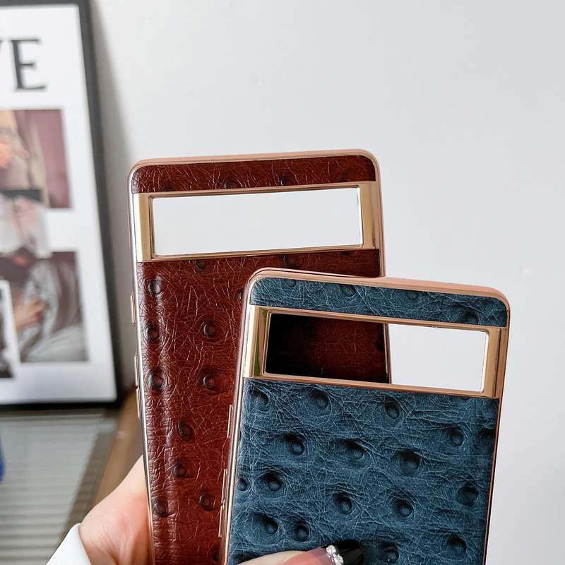 For Google Pixel 7 Pro Genuine Leather Ostrich Texture Nano Electroplating Phone Case(Coffee)