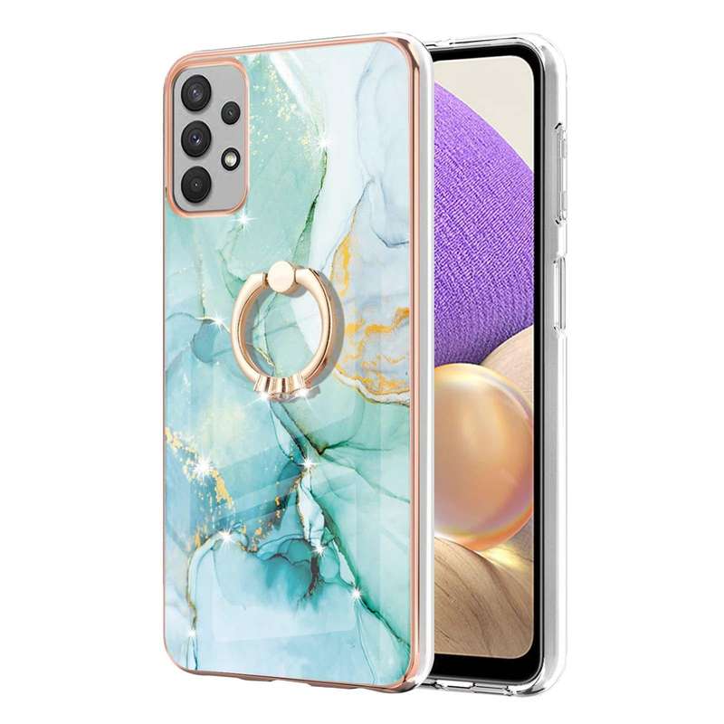 For Samsung Galaxy A73 5G Electroplating Marble IMD TPU Phone Case with Ring Holder(Green 003)