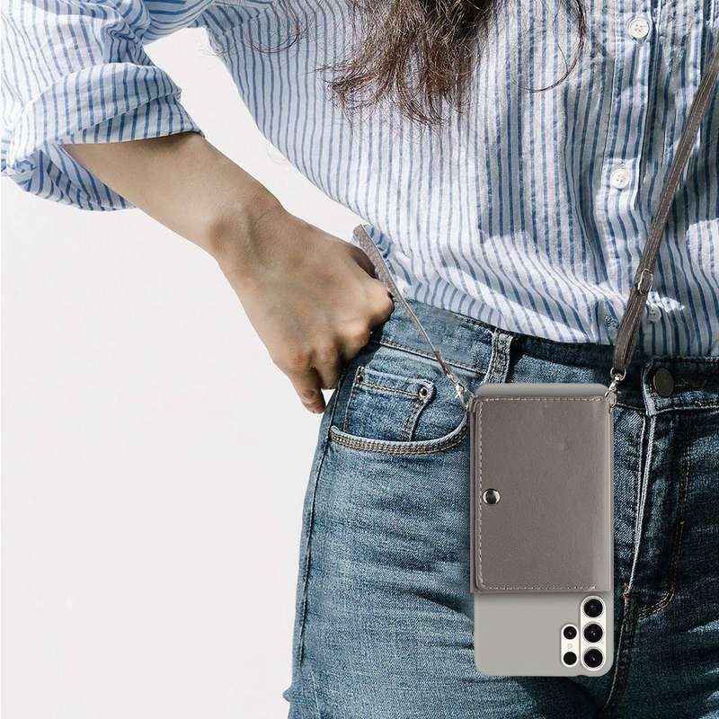 For Samsung Galaxy S23 Ultra 5G Crossbody Lanyard Wallet Card Bag Phone Case(Grey)