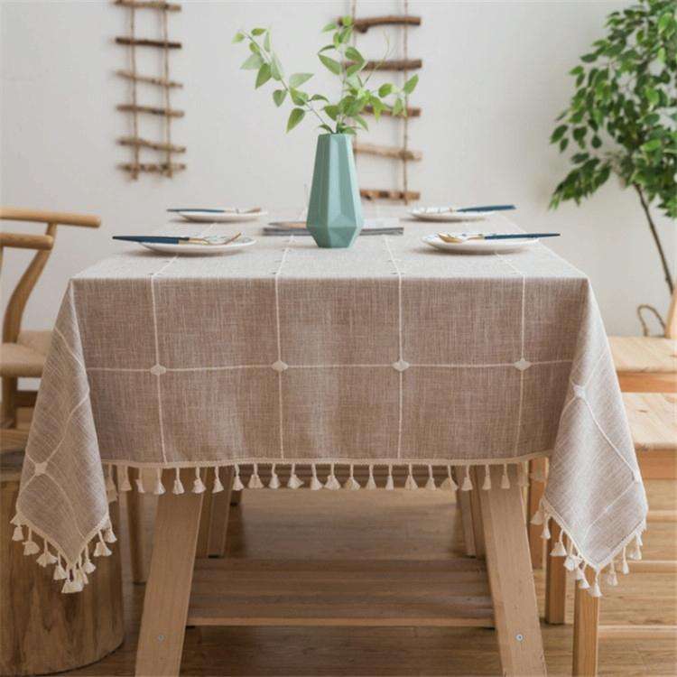Square Lattice Embroidered Tablecloth Pure Color Cotton Linen Tassel Rectangular Coffee Table Mat...