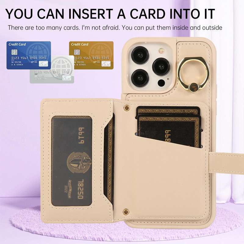 For iPhone 14 Pro Max Horizontal Card Bag Ring Holder Phone Case with Dual Lanyard(Beige)