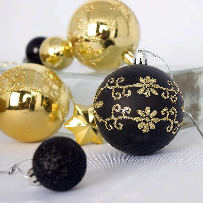 44pcs/set 3-6cm Christmas Ball Painted Pendant Electroplated Ball Ornaments, Color: Black Gold