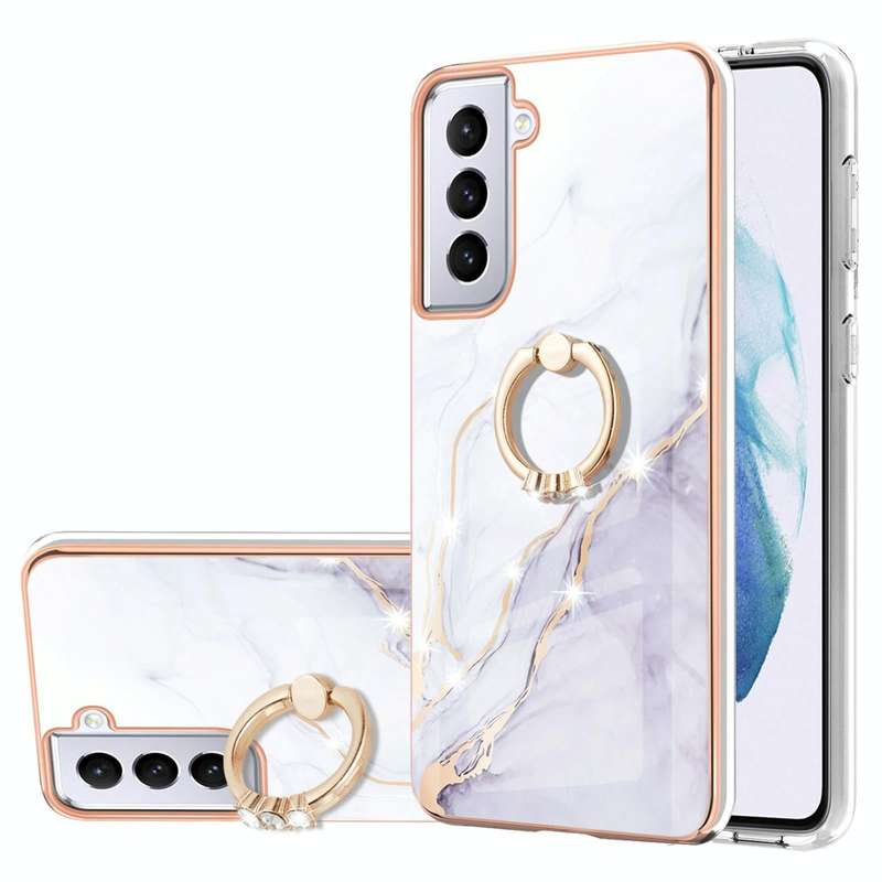 For Samsung Galaxy S21 5G Electroplating Marble Pattern IMD TPU Shockproof Case with Ring Holder(...