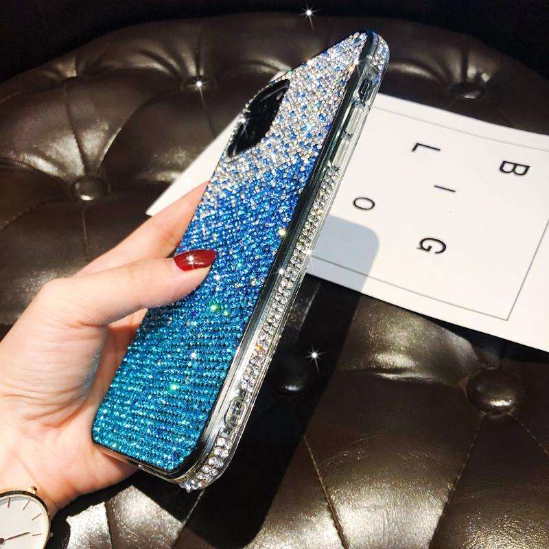 For iPhone 11 Pro Max PC + Crystal Diamond Tri-Color Gradient Protective Case(Gradient Blue)