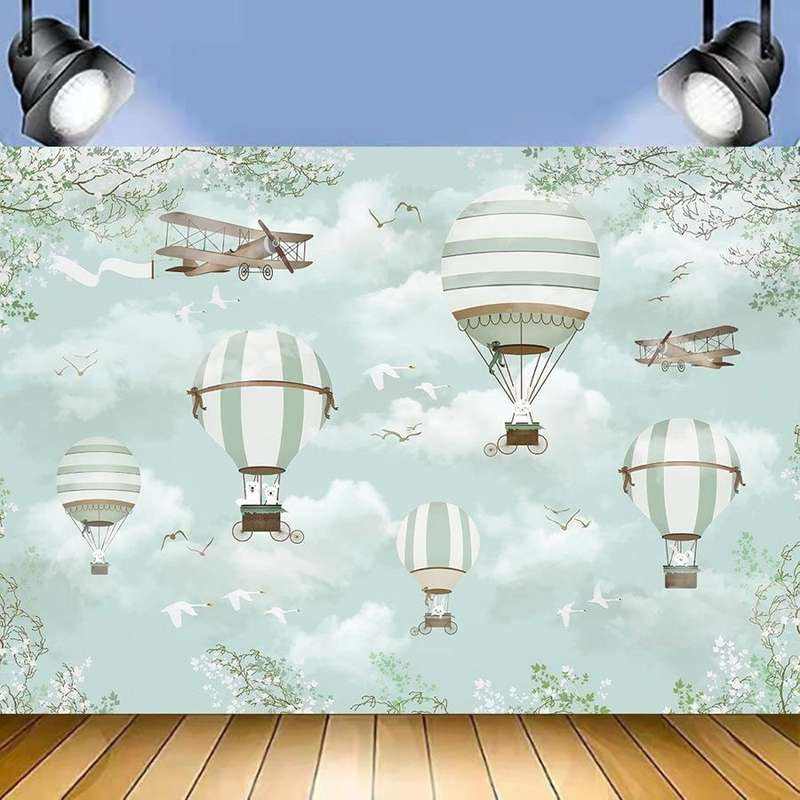 1.5m X 1m Cartoon Airplane Hot Air Balloon Theme Birthday Background Cloth Photography Decoration...
