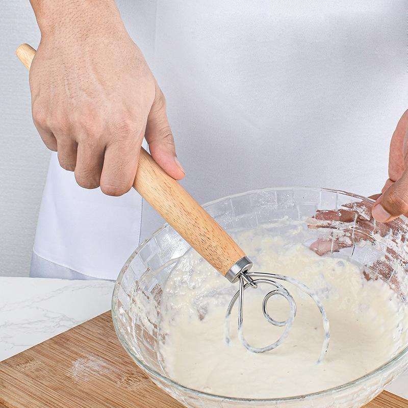 2 PCS 13 Inch Oak Handle Flour Mixer Dough Stainless Steel Mixing Rod Coil Whisk Double Circle Ag...