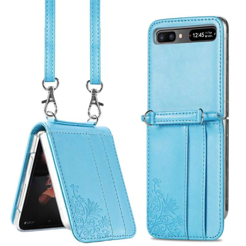 For Samsung Galaxy Z Flip 5G Diagonal Lanyard Embossed Card Phone Case(Blue)