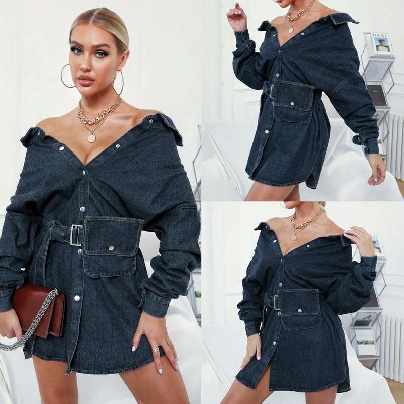 Women Neckline Retro Bag Denim Skirt (Color:Blue Size:Free Size)