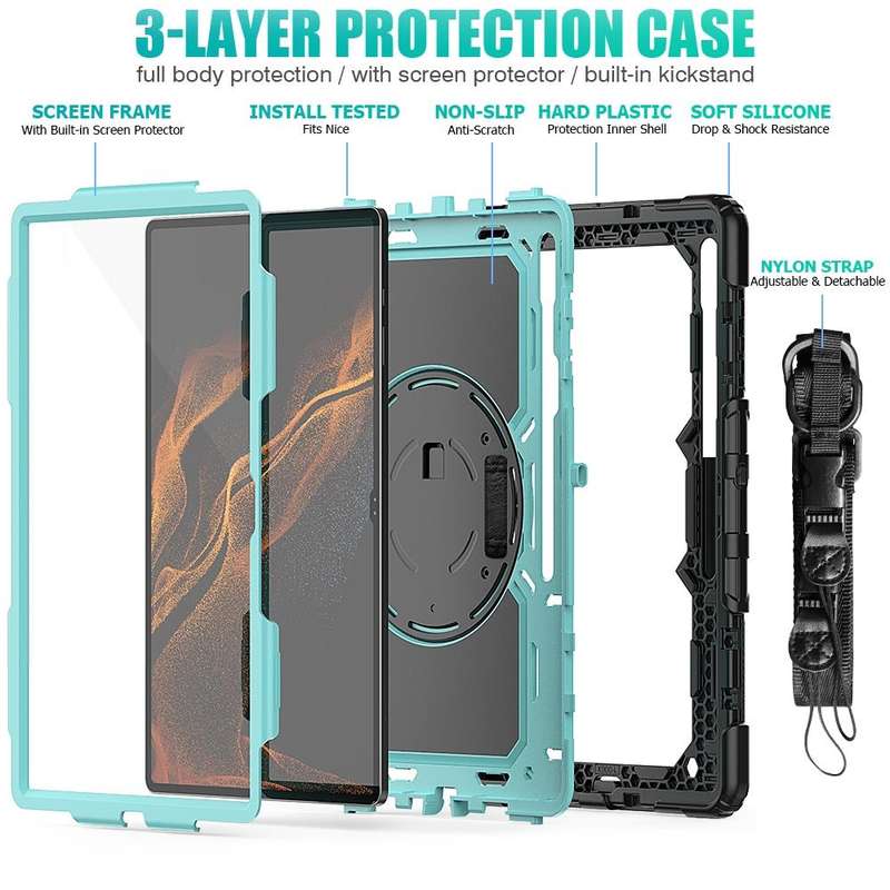 For Samsung Galaxy Tab S8 Ultra 14.6 inch SM-X900 Silicone + PC Tablet Case with Shoulder Strap(B...