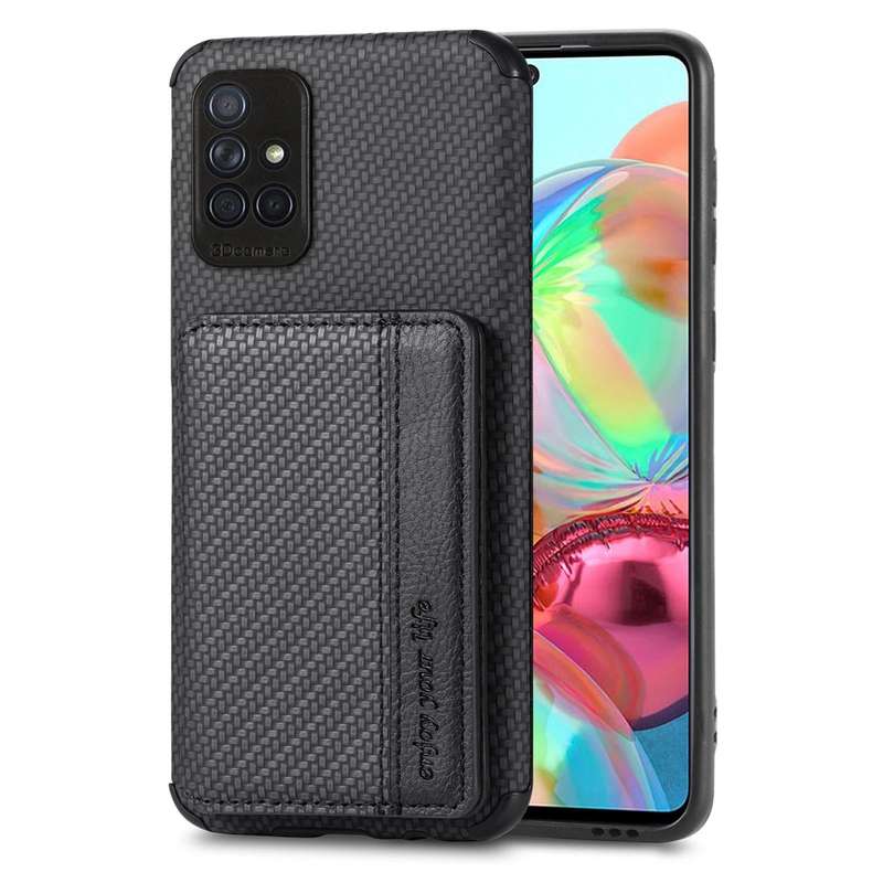 For Samsung Galaxy A71 5G Carbon Fiber Magnetic Card Bag TPU+PU Shockproof Back Cover Case with H...