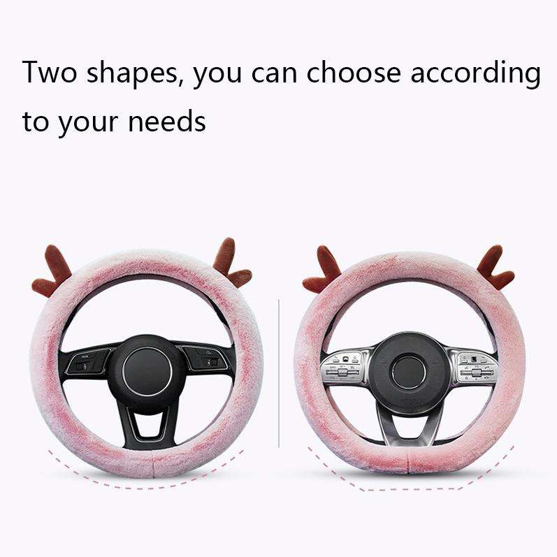 Antler Thick Plush Steering Wheel Cover, Style: O Type (Pink)