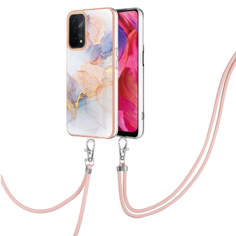 For OPPO A74 5G / A93 5G Electroplating IMD TPU Phone Case with Lanyard(White Marble)