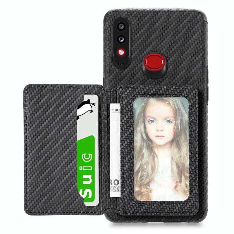 For Samsung Galaxy A10S Carbon Fiber Magnetic Card Bag TPU+PU Shockproof Back Cover Case with Hol...