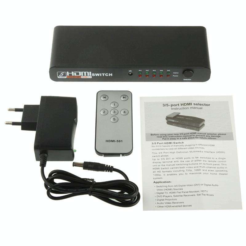 Full HD 1080P 5 Ports HDMI Switch with Remote Control & LED Indicator(Black)