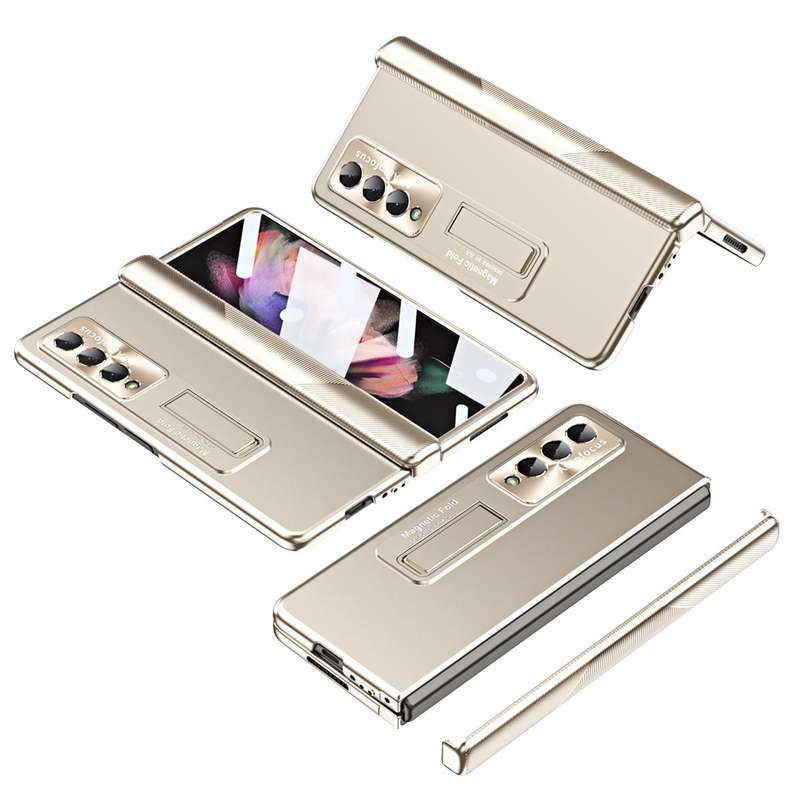 For Samsung Galaxy Z Fold3 5G Electroplating Corrugated Hinge Folding Phone Case(Champagne Gold)