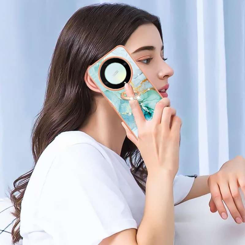 For Honor X9a / Magic5 Lite Electroplating Marble IMD TPU Phone Case with Ring Holder(Green 003)