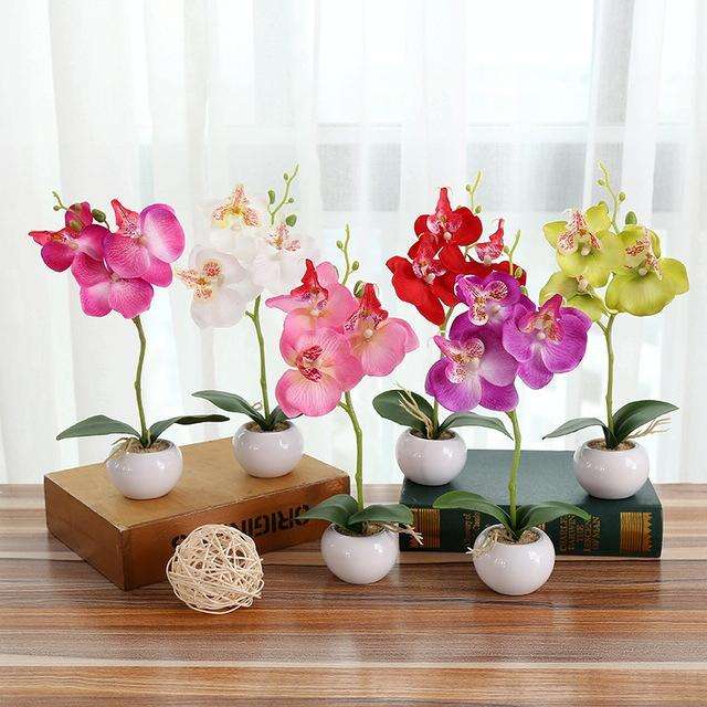 Decorative Landscaping Round Pot Three Flowers Phalaenopsis Bonsai Simulation Potted Plants(Purple)