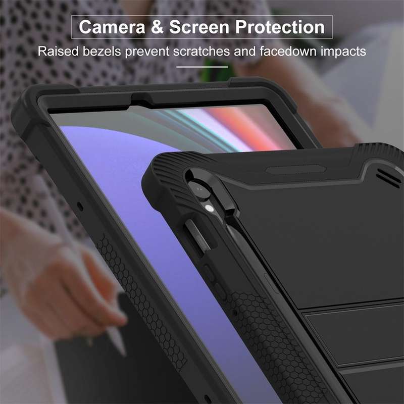 For Samsung Galaxy Tab S9 Shockproof Silicone Hybrid PC Tablet Case with Holder(Black)