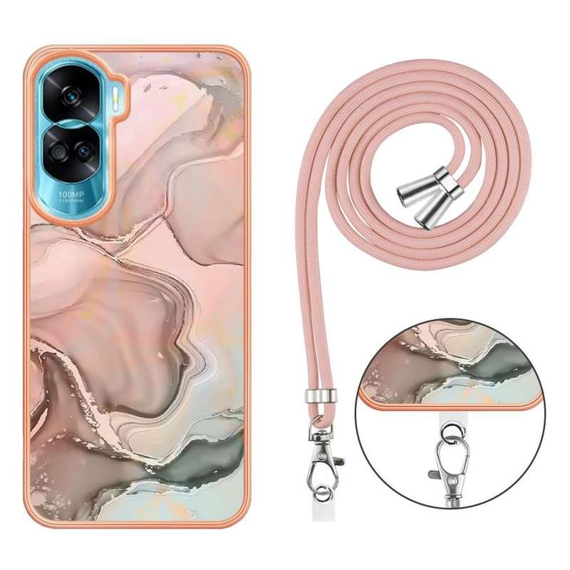 For Honor 90 Lite 5G Electroplating Marble Dual-side IMD Phone Case with Lanyard(Rose Gold 015)