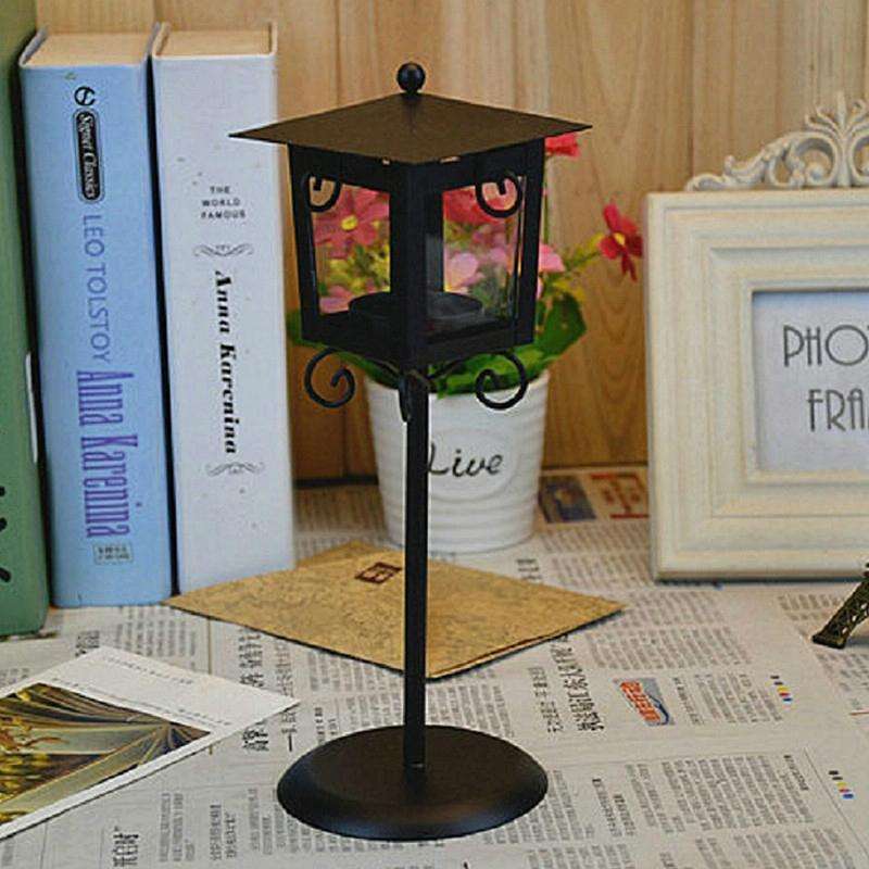 Glass Retro Wrought Iron Street Lamp Candle Holder Home Wedding Decoration(Black)