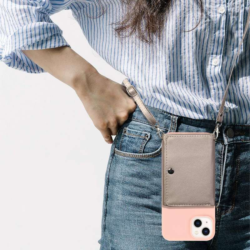For iPhone 14 Crossbody Lanyard Wallet Card Bag Phone Case(Pink)