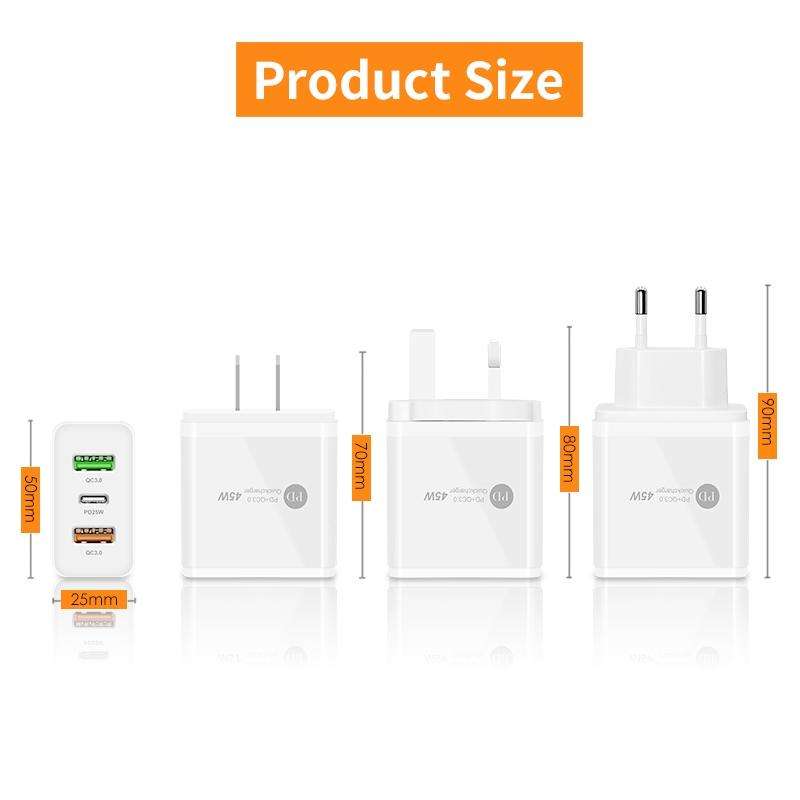 45W PD3.0 + 2 x QC3.0 USB Multi Port Charger with Type-C to Type-C Cable, US Plug(White)