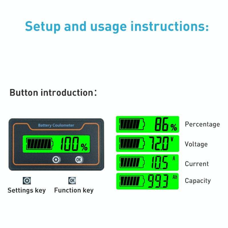 2m 100A 12V 48V Digital Display DC Current Voltmeter Lead-Acid Lithium Battery Charge Meter