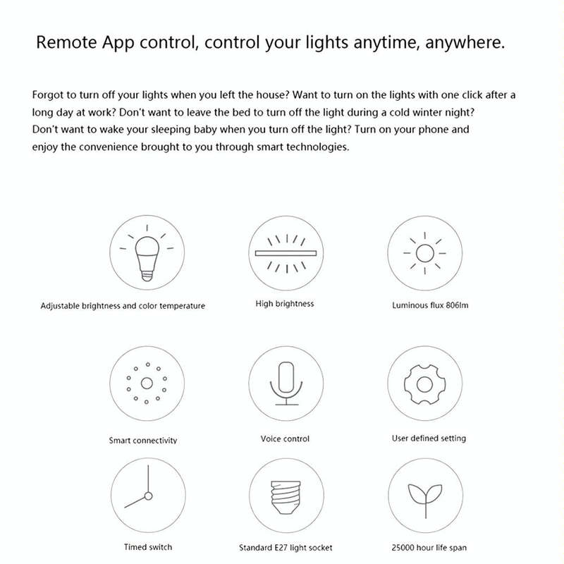 Original Xiaomi Youpin Aqara 9W E27 2700K-6500K 806LM LED Light Bulb, HomeKit APP Control(White)