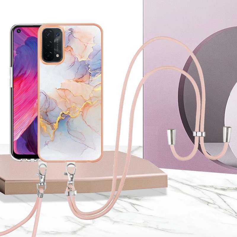 For OPPO A74 5G / A93 5G Electroplating IMD TPU Phone Case with Lanyard(White Marble)