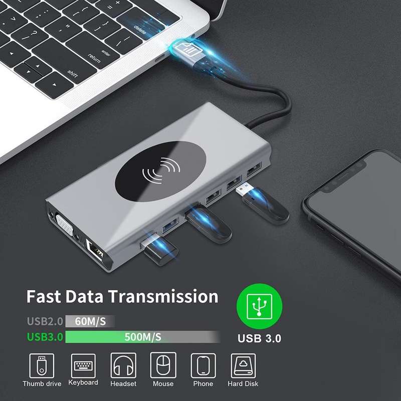 BX15W USB HUB Type-C Docking Station with Wireless Charge Function(15 in 1)