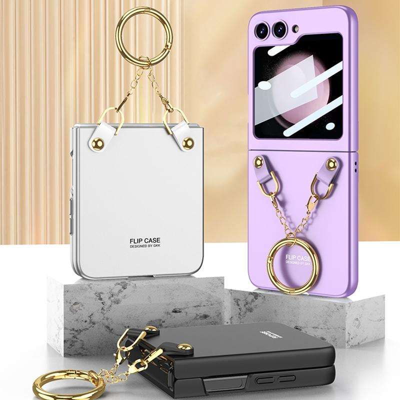 For Samsung Galaxy Z Flip5 GKK Integrated Necklace Hinged Flip Phone Case with Ring Holder(White)