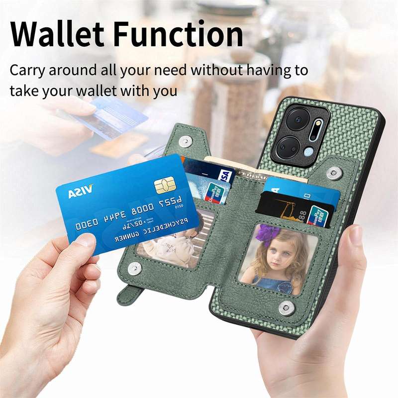 For Honor X7A Carbon Fiber Horizontal Flip Zipper Wallet Phone Case(Khaki)