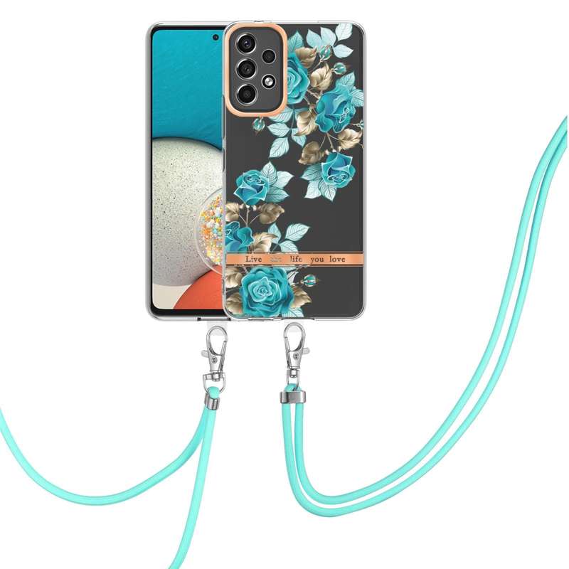 For Samsung Galaxy A53 5G Flowers Series TPU Phone Case with Lanyard(Blue Rose)