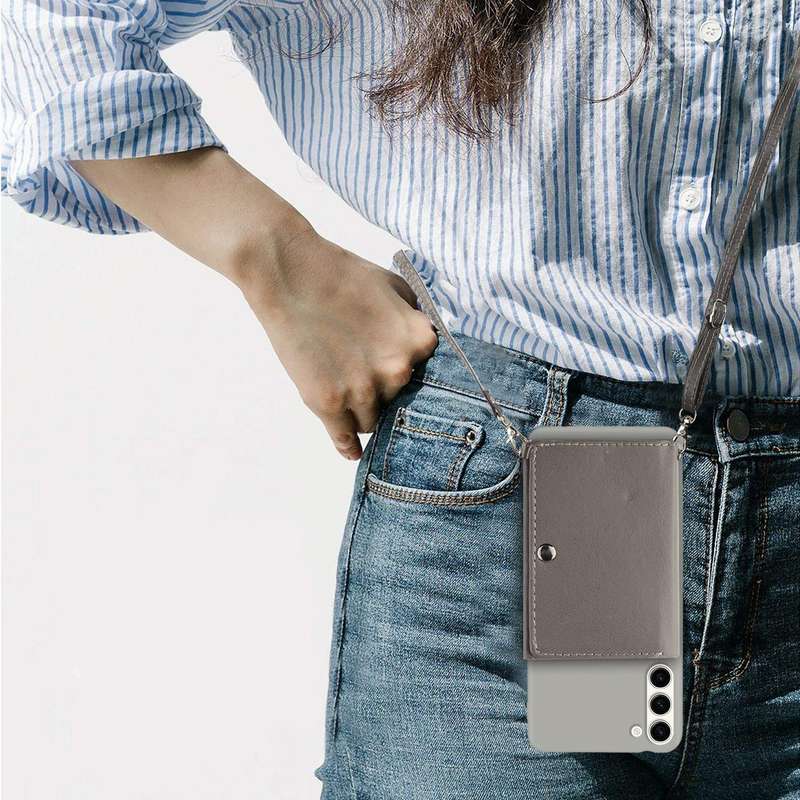 For Samsung Galaxy S23 5G Crossbody Lanyard Wallet Card Bag Phone Case(Grey)