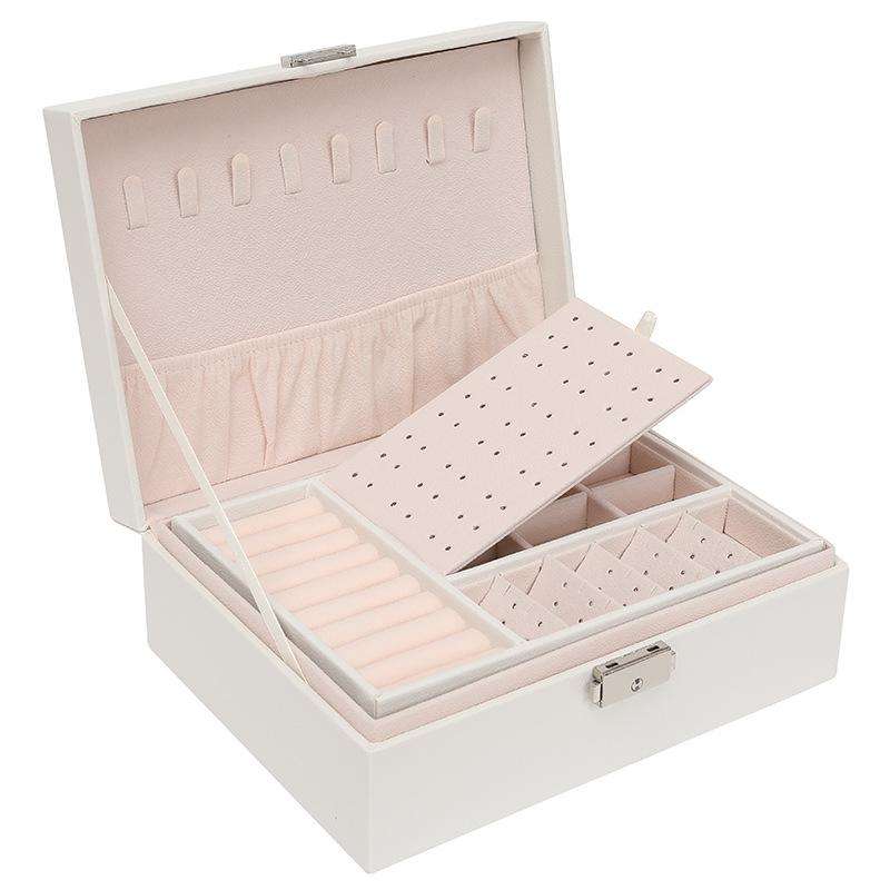 Simple Double-Layered Wooden Leather Jewelry Box With Lock Earrings Jewelry Box(White)
