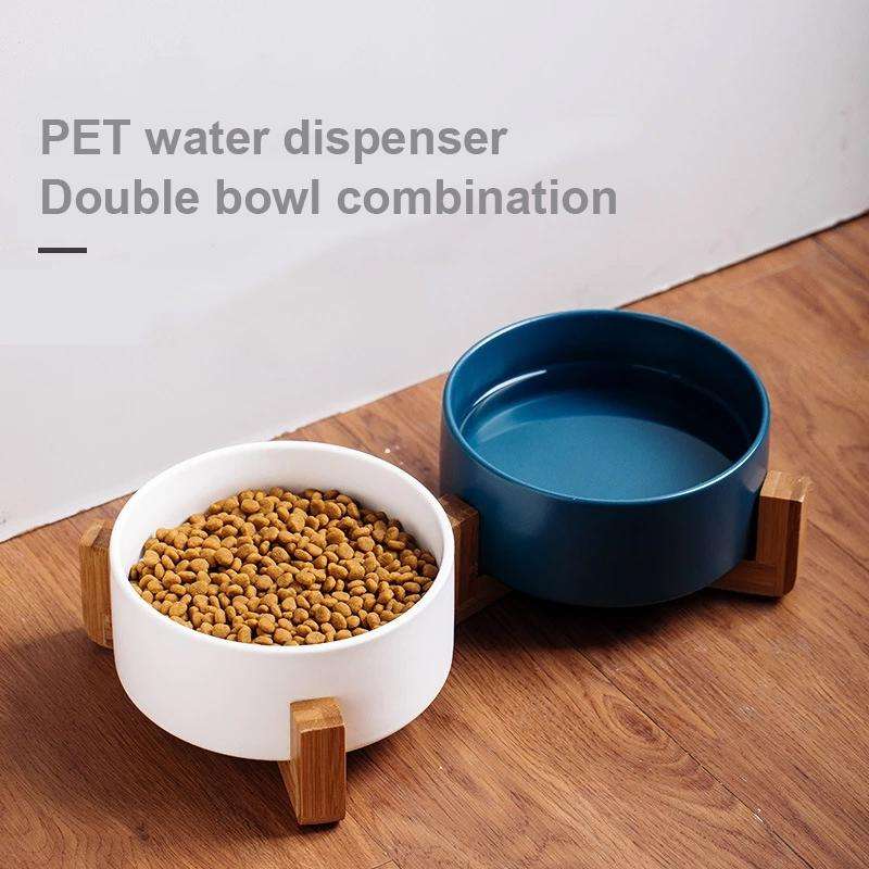 15.5cm/850ml Cat Bowl Dog Pot Pet Ceramic Bowl, Style:Single Bowl With Wooden Stand(Green)
