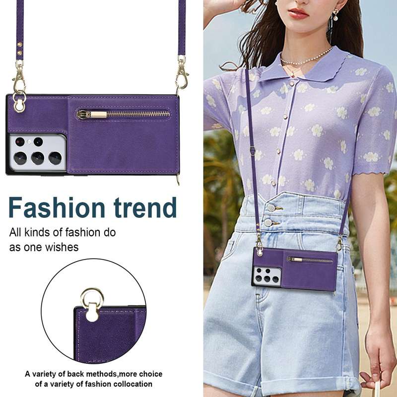 For Samsung Galaxy S21 Ultra 5G Cross-body Zipper Square TPU+PU Back Cover Case with Holder & Car...