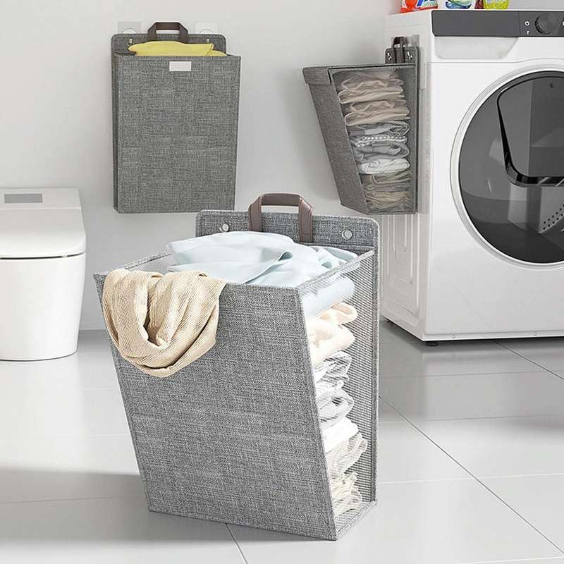 Foldable Hanging Laundry Basket Dirty Clothes Organiser with Lid, Color: Beige 45 x 35 x 10cm