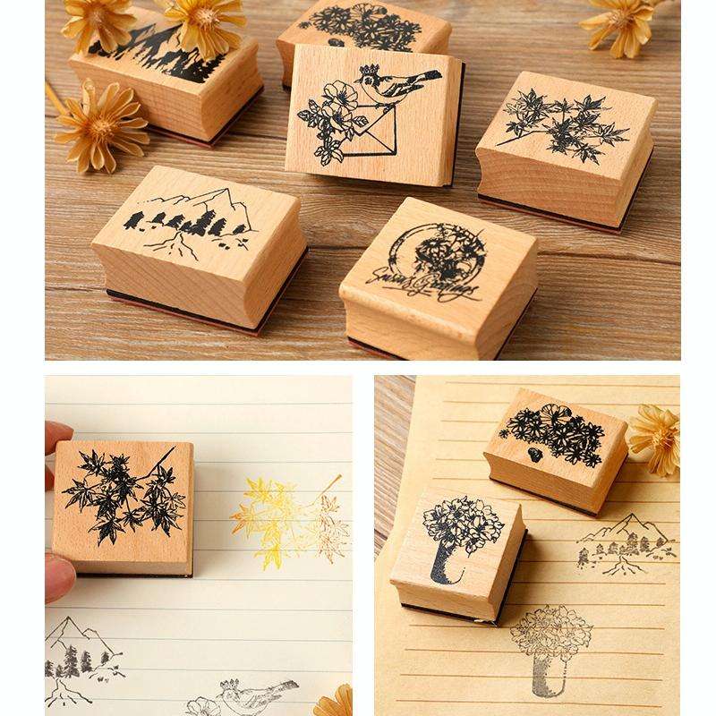 5 PCS DIY Vintage Nature Landscape Handbook Wooden Stamp(Floral Seasons)