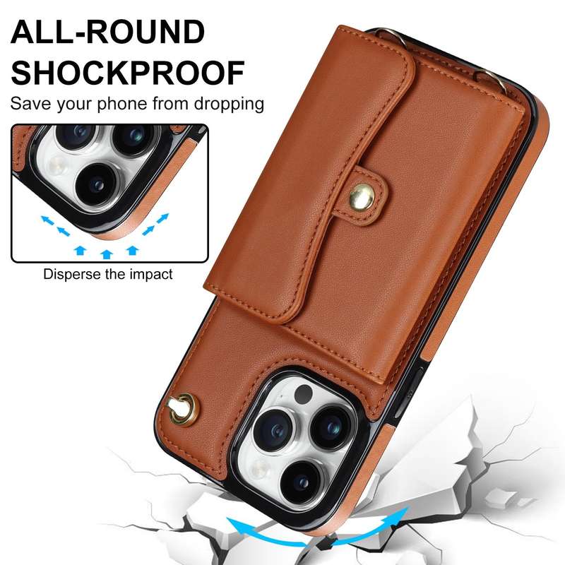 For iPhone 14 Pro Max RFID Card Slot Phone Case with Long Lanyard(Brown)