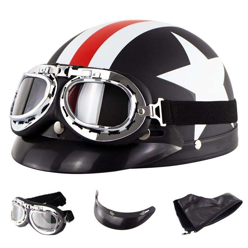 Soman Electromobile Motorcycle Half Face Helmet Retro Harley Helmet with Goggles(Matte Black Fren...