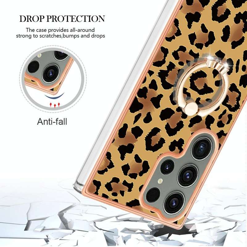 For Samsung Galaxy S23 Ultra 5G Electroplating Dual-side IMD Phone Case with Ring Holder(Leopard ...