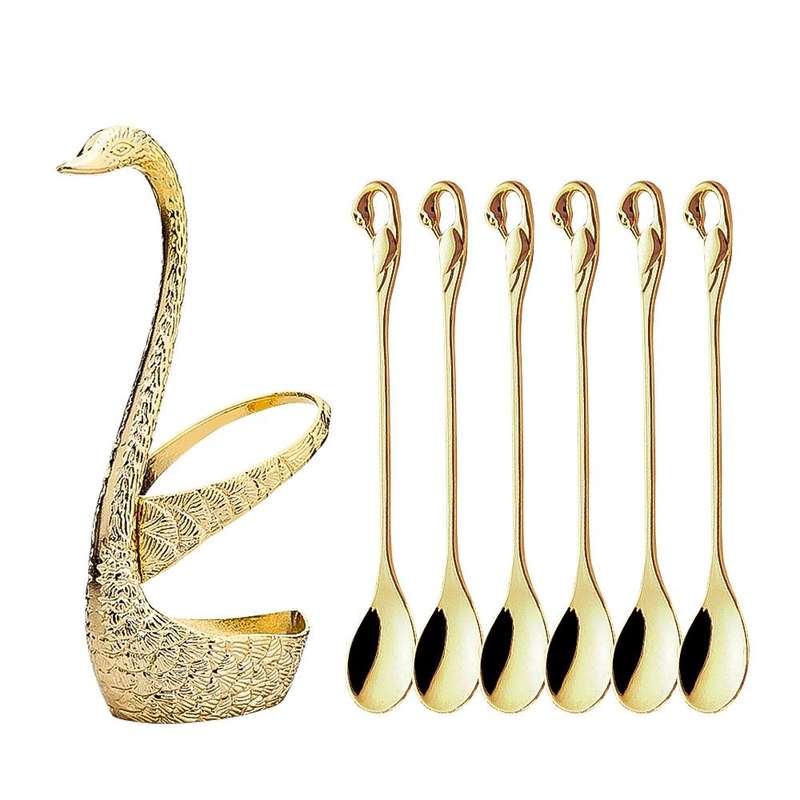 Swan Fruit Fork And Spoon Set Dessert Fork Fruit Fork Rack Tableware Wedding Gift, Colour: Golden...